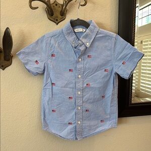 Janie and Jack Blue Short Sleeve Shirt with American Flag Embroidery